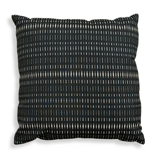 A modern geometric-striped throw pillow in gray, taupe, and cream Sunbrella acrylic, ideal for refreshing indoor or outdoor seating with a plush, weather-resistant feel.