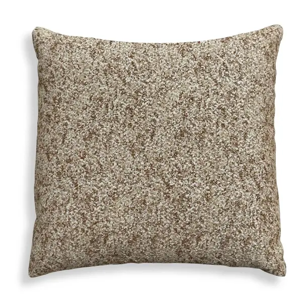 A woven chenille throw pillow in amber and taupe over a cream warp, filled with plush microdenier polyester in a water-resistant, indoor/outdoor casing.