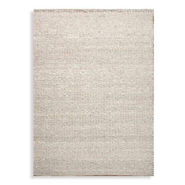 A hand-woven New Zealand wool rug in soft ivory with organic striations. Adds understated texture and warmth to living spaces, though indoor use only limits versatility.