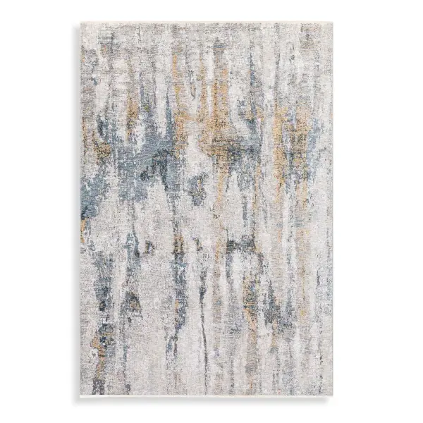 This machine-woven polyester rug brings a soft abstract pattern in beige, cream, denim blue, and gray to large living areas and bedrooms.