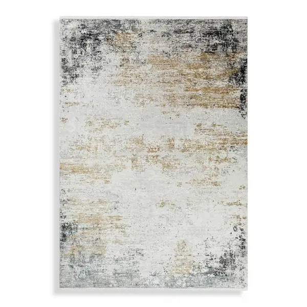 A machine-woven viscose and acrylic rug with an abstract pattern in white, charcoal, saffron, and gray, delivering statement color and softness underfoot for large living spaces.