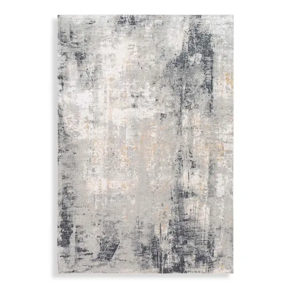 Machine-woven from lustrous viscose and polyester, this abstract rug blends light gray, mustard, and charcoal tones for a versatile transitional accent underfoot.