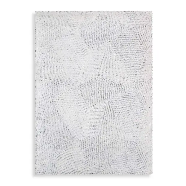 This medium cut-pile wool rug pairs a linear geometric motif with a soft ivory and gray palette, offering understated texture for living or dining spaces.