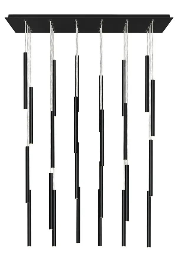The Mode LED Cylinder Chandelier makes a bold statement with 24 individual LED lights arranged in a contemporary linear configuration. Its sleek black finish and cylindrical shades create dramatic visual impact while providing excellent illumination for large spaces.