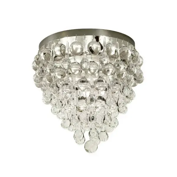 The Borealis ceiling light combines polished nickel finish with clear glass for a refined, contemporary look. Its flush mount design makes it ideal for rooms with standard ceiling heights.