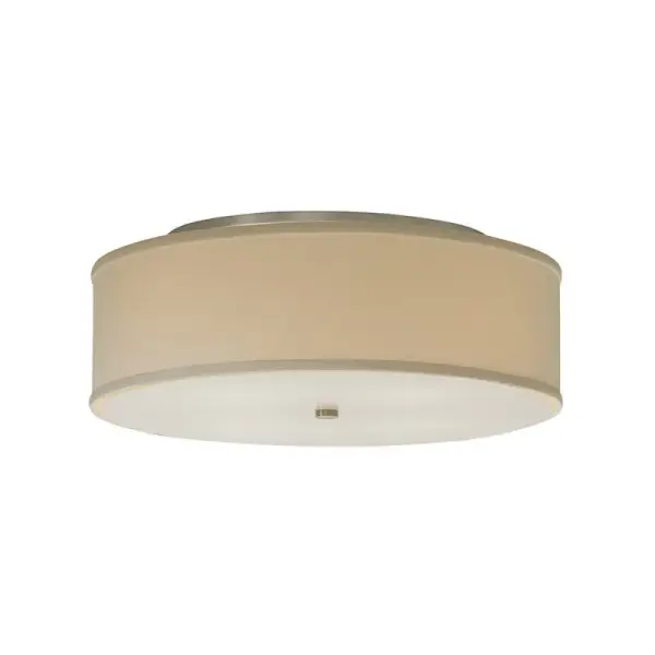 The Maddox combines a sophisticated satin nickel finish with a warm desert clay fabric shade, creating a versatile ceiling fixture that bridges traditional and contemporary design aesthetics.