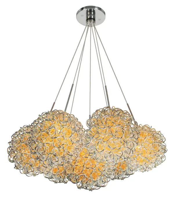 The Kurly seven-light cluster pendant makes a bold contemporary statement with its multi-bulb design and gold finish. Perfect for spaces needing dramatic illumination and visual interest.