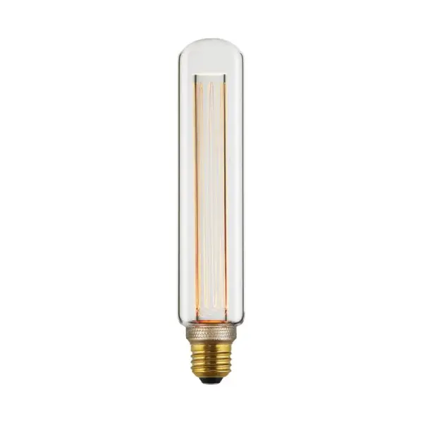 Energy-efficient LED bulb in classic T60 tubular shape with clear glass. Ideal for exposed bulb fixtures where the bulb itself becomes part of the design aesthetic. Compatible with various fixture styles.