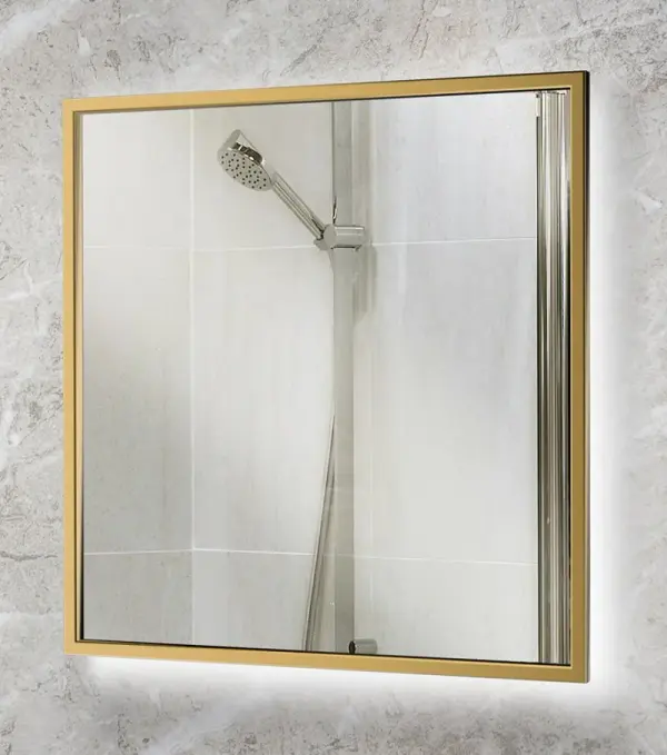 This 48-inch square LED mirror combines modern functionality with refined style. The backlit LED design provides even, flattering illumination while the brushed brass finish adds warmth and luxury to any space.