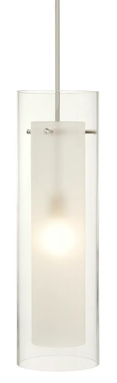 The Kitchen Doppio pendant combines clear and frosted glass for a refined, contemporary look. Its compact 9.75-inch height makes it ideal for kitchen islands and task areas where focused lighting is needed.