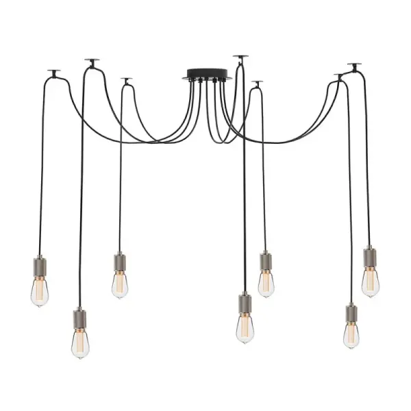 This swag kit enables easy installation of seven pendant lights without hardwiring, featuring a crosshatch canopy design. Perfect for renters or those seeking flexible lighting solutions over dining tables and islands.