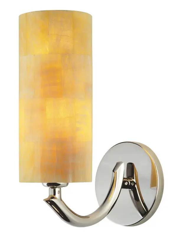 This sophisticated wall sconce features a natural onyx cylinder shade that creates warm, ambient lighting. The compact 11-inch design works beautifully in bathrooms, hallways, and intimate spaces where refined elegance is desired.
