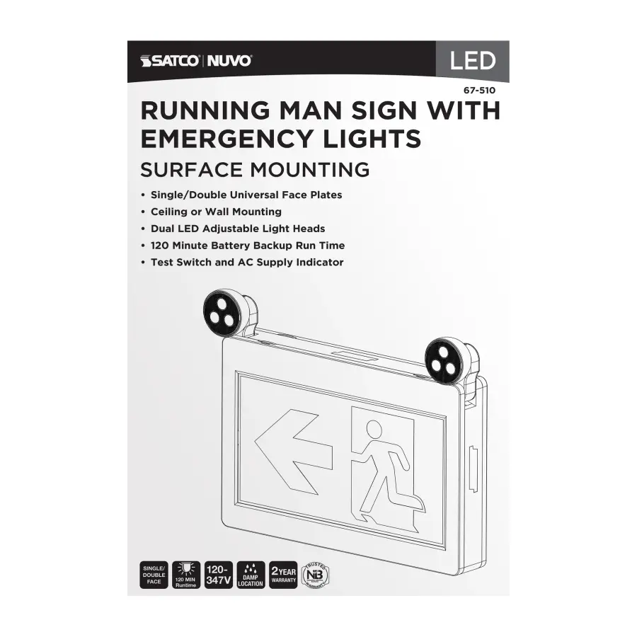 Running Man Green Combo Exit Sign/Emergency Light - 120-347V - 2HR backup - Single/Dual Face - Universal Mounting - Thermoplastic - Image 8