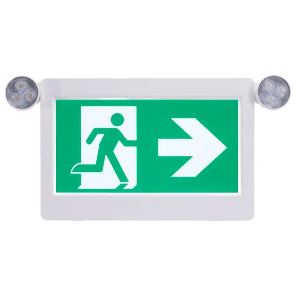 Keep your building safe and secure with the SATCO NUVO LED Running Man Signs and Emergency Light Combos. Choose single or dual-face installation and customize the interchangeable pictograms to fit your needs. Combo models offer two adjustable light heads to provide ample illumination in the event of an emergency for up to two hours with the integrated battery backup. Constructed with Thermoplastic, these signs offer a durable, low-maintenance solution. - alternate view
