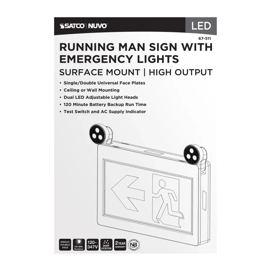 Running Man Green Combo Exit Sign/Emergency Light - 120-347V - 2HR backup - Single/Dual Face - Universal Mounting - Thermoplastic - High Output lamps - Image 8