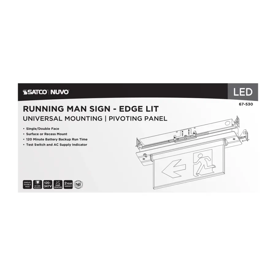 Running Man Green Edge Lit Exit Sign - 120-347V - 2HR backup - Single/Dual Face - Universal Surface or Recessed Mounting - Pivoting Panel - Image 7