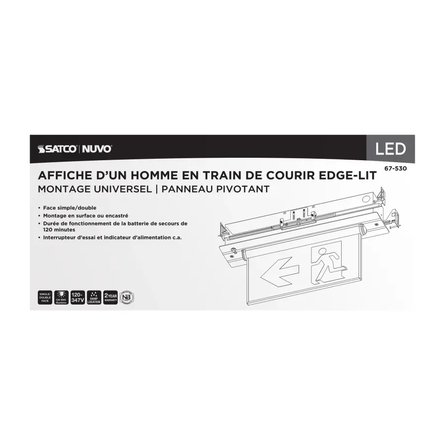 Running Man Green Edge Lit Exit Sign - 120-347V - 2HR backup - Single/Dual Face - Universal Surface or Recessed Mounting - Pivoting Panel - Image 8
