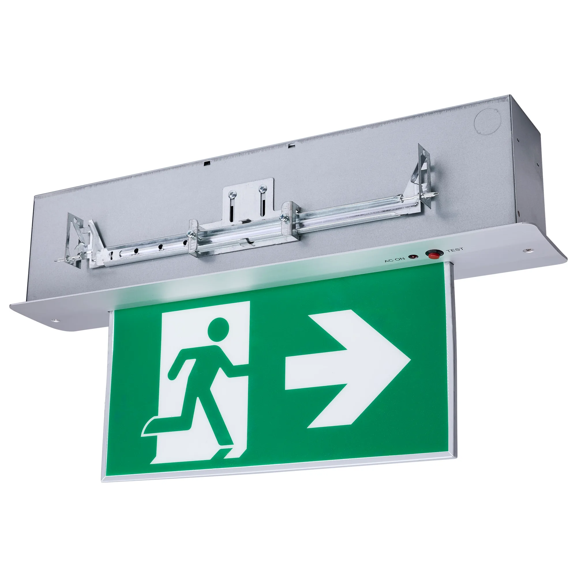 Running Man Green Edge Lit Exit Sign - 120-347V - 2HR backup - Single/Dual Face - Premium Flush Recessed Mounting
