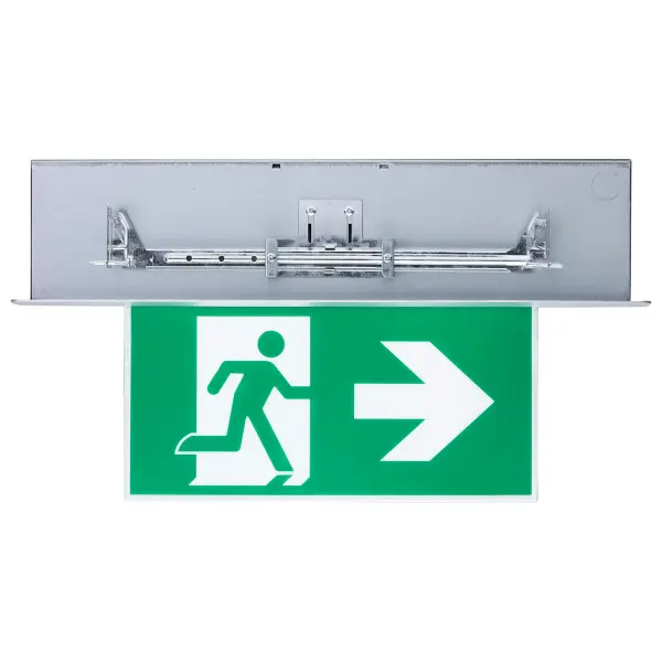 Keep your building safe and secure with the SATCO NUVO LED Running Man Signs and Emergency Light Combos. These premium signs are field-customizable for single or dual face applications and include interchangeable pictogram films with direction arrows. Combo models offer two integrated lights to provide ample illumination in the event of an emergency for up to two hours with the battery backup. Optional High Output Combo model offers additional light output for high ceilings or greater spacings. With a clean aluminum faceplate and acrylic sign, ensure safety while maintaining an elevated look in any space. - alternate view