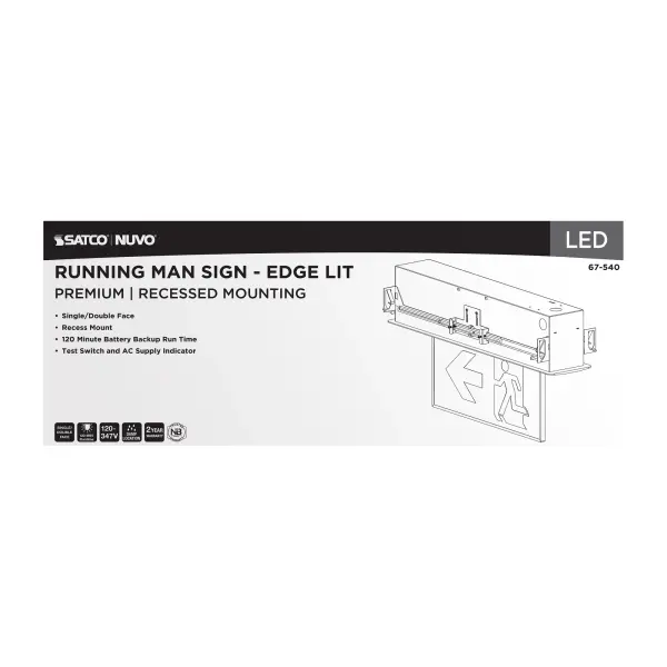 Running Man Green Edge Lit Exit Sign - 120-347V - 2HR backup - Single/Dual Face - Premium Flush Recessed Mounting - Image 7