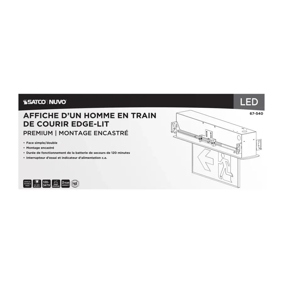 Running Man Green Edge Lit Exit Sign - 120-347V - 2HR backup - Single/Dual Face - Premium Flush Recessed Mounting - Image 8