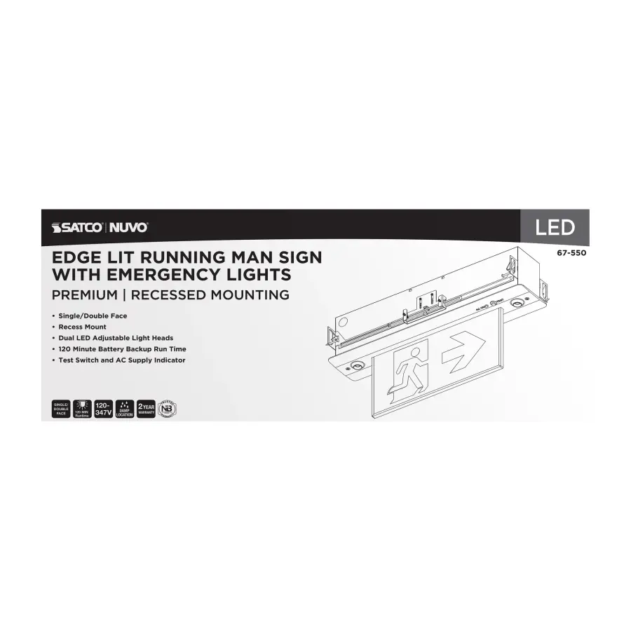 Running Man Green Combo Edge Lit Exit Sign/Emergency Light - 120-347V - 2HR backup - Single/Dual Face - Premium Flush Recessed Mounting - Image 7