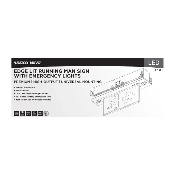 Running Man Green Combo Edge Lit Exit Sign/Emergency Light - 120-347V - 2HR backup - Single/Dual Face - Premium Flush Recessed Mounting - High Output lamps - Image 7