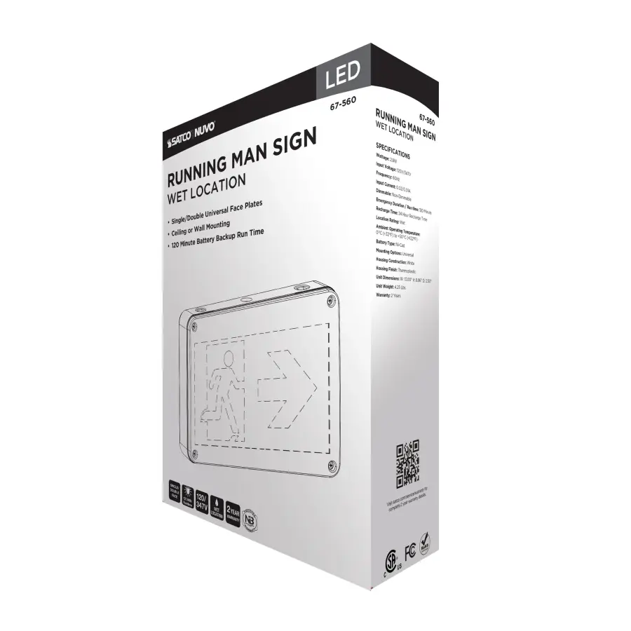 Running Man Green Exit Sign - 120/347V - 2HR backup - Single/Dual Face - Universal Mounting - Wet Location - Image 12