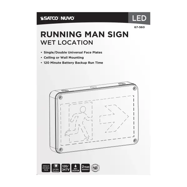 Running Man Green Exit Sign - 120/347V - 2HR backup - Single/Dual Face - Universal Mounting - Wet Location - Image 8