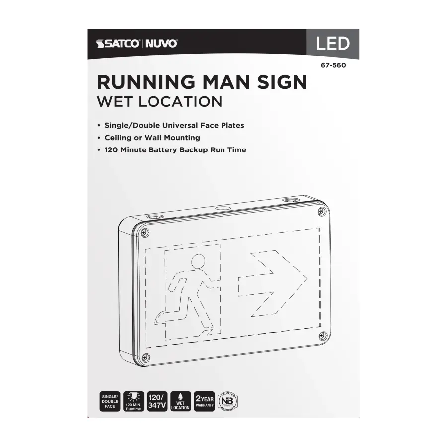 Running Man Green Exit Sign - 120/347V - 2HR backup - Single/Dual Face - Universal Mounting - Wet Location - Image 8