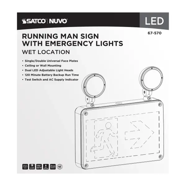 Running Man Green Combo Exit Sign/Emergency Light - 120/347V - 2HR backup - Single/Dual Face - Universal Mounting - Wet Location - Image 8