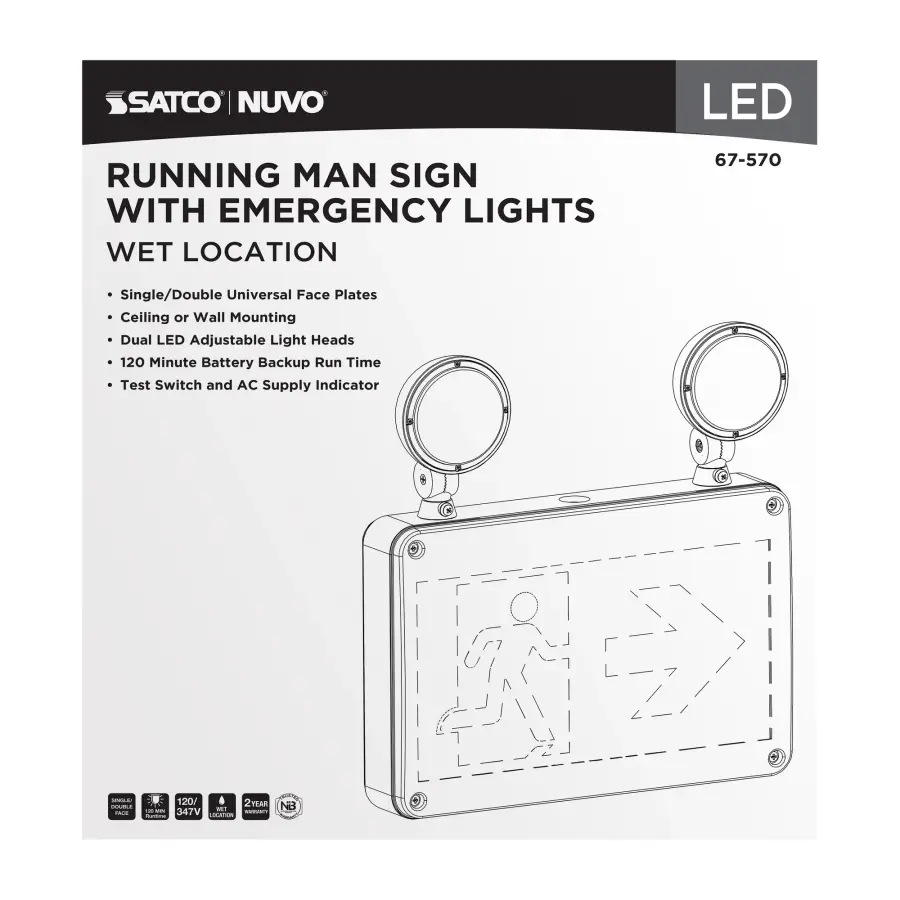 Running Man Green Combo Exit Sign/Emergency Light - 120/347V - 2HR backup - Single/Dual Face - Universal Mounting - Wet Location - Image 8