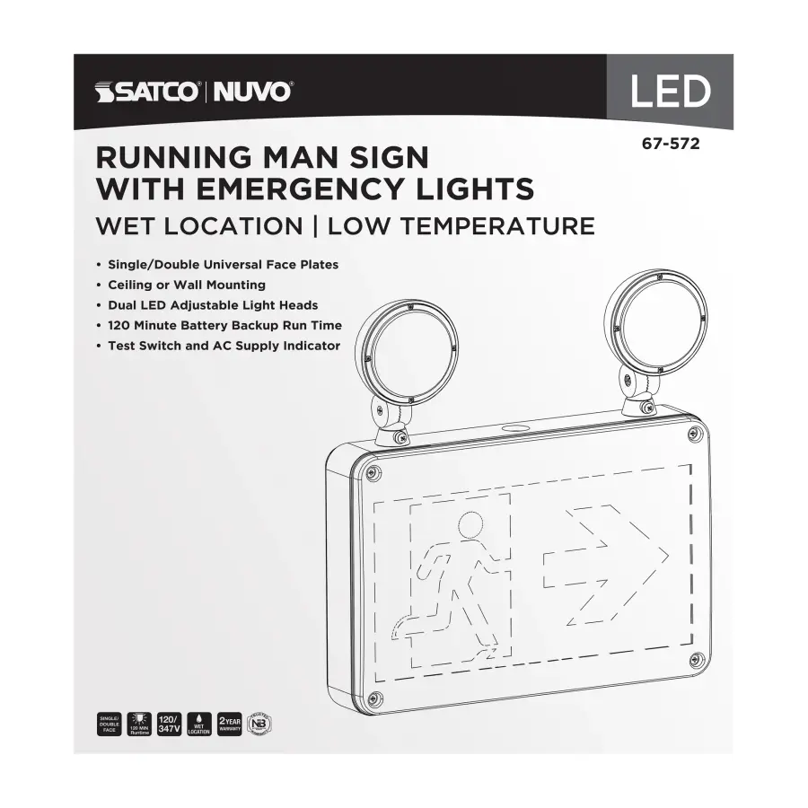 Running Man Green Combo Exit Sign/Emergency Light - 120/347V - 2HR backup - Single/Dual Face - Universal Mounting - Wet Location - Low Temperature - Image 8