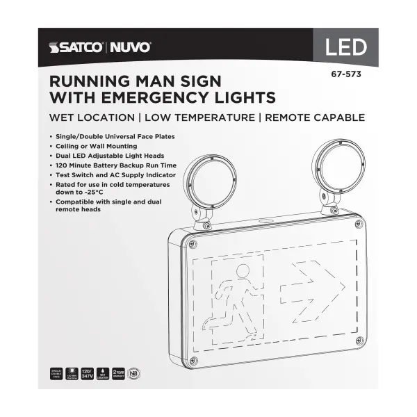 Running Man Green Combo Exit Sign/Emergency Light - 120/347V - 2HR backup - Single/Dual Face - Universal Mounting - Wet Location - Low Temperature - Remote-Capable - Image 8