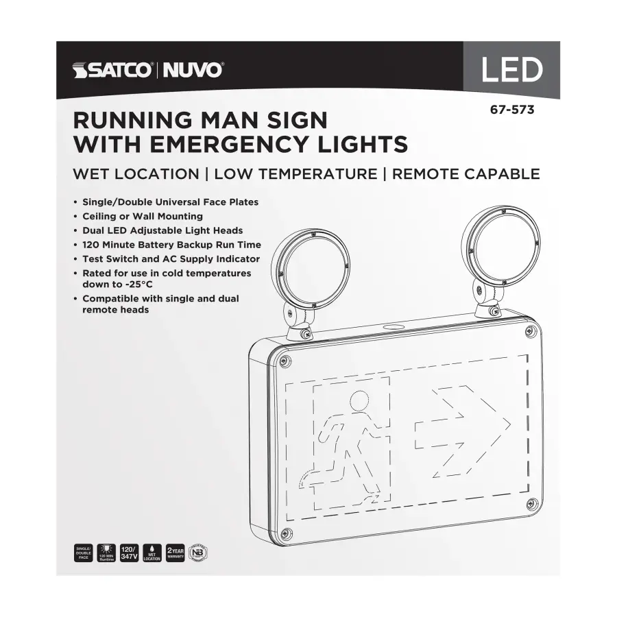 Running Man Green Combo Exit Sign/Emergency Light - 120/347V - 2HR backup - Single/Dual Face - Universal Mounting - Wet Location - Low Temperature - Remote-Capable - Image 8