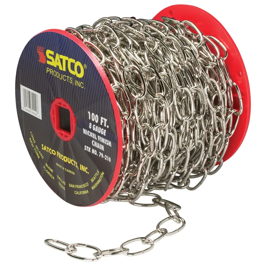 8 Ga. Chain - Nickel Finish - 100 ft. to Reel - 1 Reel To Master - 35lbs Max