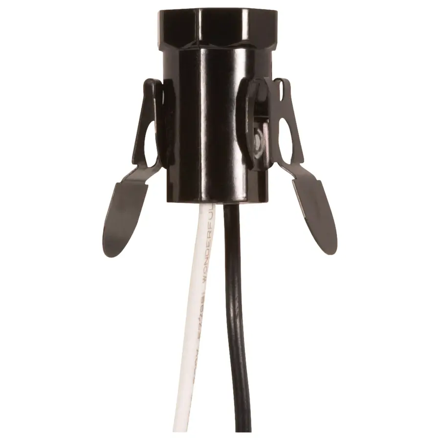 Candelabra Base Phenolic Socket with Spring Clip - 3/4" Diameter - 1" Hole Size - 14" AWM B/W Leads 105C - 75W - 125V