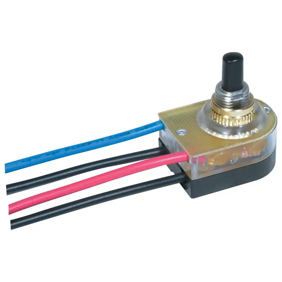 On-Off Lighted Push Switch - 3/8" Plastic Bushing - Single Circuit - 6A-125V, 3A-250V Rating - 6" Leads - Brass Finish