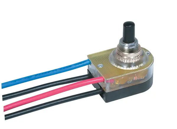 On-Off Lighted Push Switch - 3/8" Plastic Bushing - Single Circuit - 6A-125V, 3A-250V Rating - 6" Leads - Nickel Finish