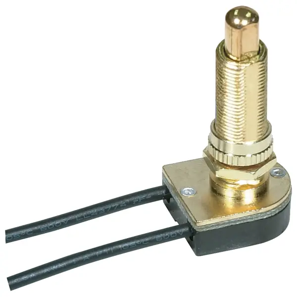 On-Off Metal Push Switch - 1-1/8" Metal Bushing - Single Circuit - 6A-125V, 3A-250V Rating - 6" Leads - Brass Finish