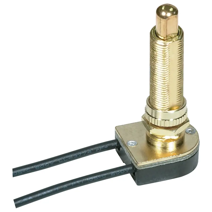 On-Off Metal Push Switch - 1-1/2" Metal Bushing - Single Circuit - 6A-125V, 3A-250V Rating - 6" Leads - Brass Finish