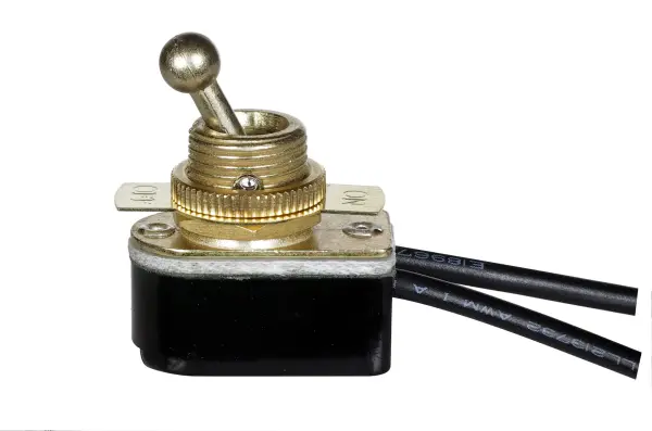 On-Off Metal Toggle Switch - Single Circuit - 6A-125V, 3A-250V Rating - 6" Leads - Brass Finish