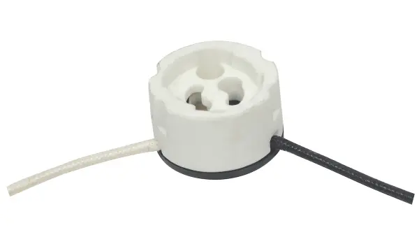 GX10 Round Porcelain Halogen Socket - 12" SF-1 200C Leads - 11/16" Height - 1-1/8" Diameter - Screw Holes 3/4" CC - 750W - 600V