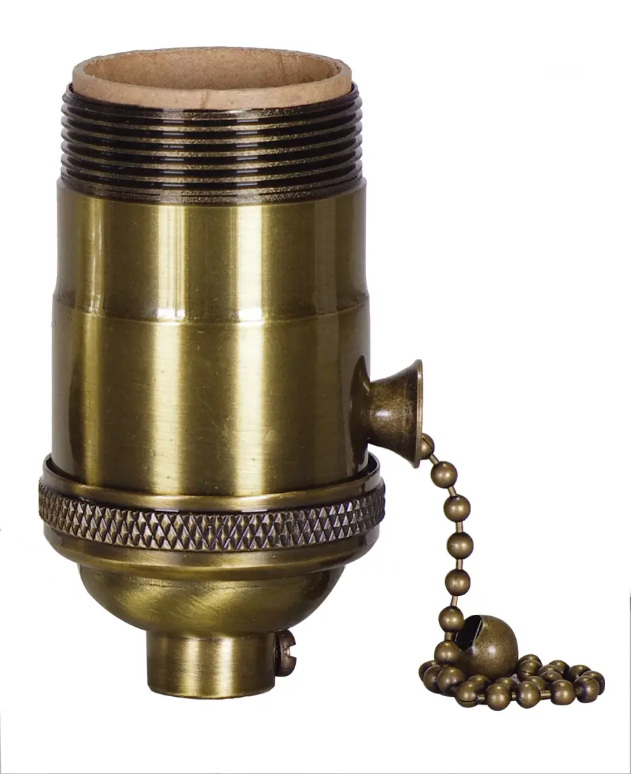 On-Off Pull Chain Socket - 1/8 IPS - 4 Piece Stamped Solid Brass - Antique Brass Finish - 660W - 250V - Uno Thread