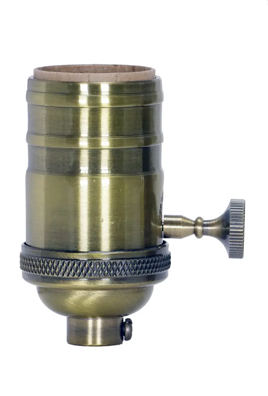 On-Off Turn Knob Socket With Matching Finish Removable Knob - 4 Piece Stamped Solid Brass - Antique Brass Finish - 250W - 250V