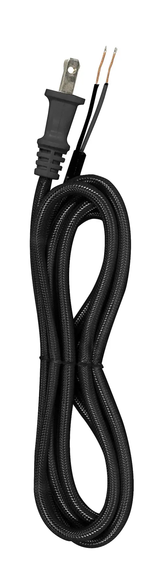 8 Foot Rayon Cord Set - Black Finish - 18/2 SPT-2 105C With Molded Polarized Plug - 200 Carton - Tinned Tips Strip With 2" Slit