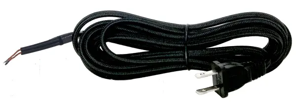10 Foot Rayon Cord Set - Black Finish - 18/2 SPT-2 105C With Molded Polarized Plug - 150 Carton - Tinned Tips Strip With 2" Slit