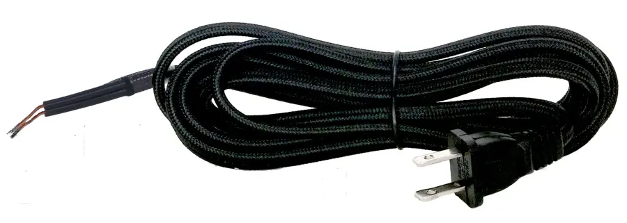 10 Foot Rayon Cord Set - Black Finish - 18/2 SPT-2 105C With Molded Polarized Plug - 150 Carton - Tinned Tips Strip With 2" Slit