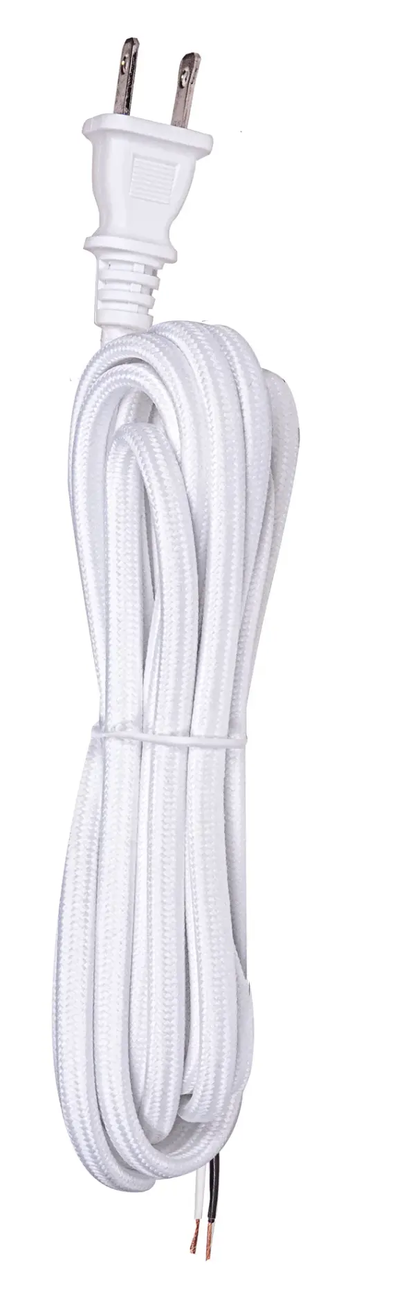 10 Foot Rayon Cord Set - White Finish - 18/2 SPT-2 105C With Molded Polarized Plug - 150 Carton - Tinned Tips Strip With 2" Slit