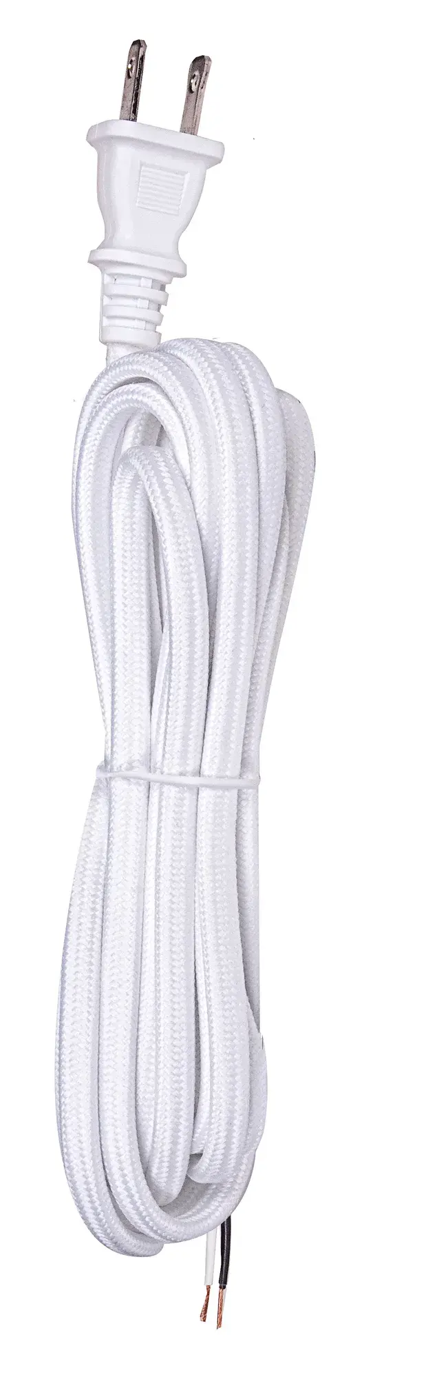 10 Foot Rayon Cord Set - White Finish - 18/2 SPT-2 105C With Molded Polarized Plug - 150 Carton - Tinned Tips Strip With 2" Slit
